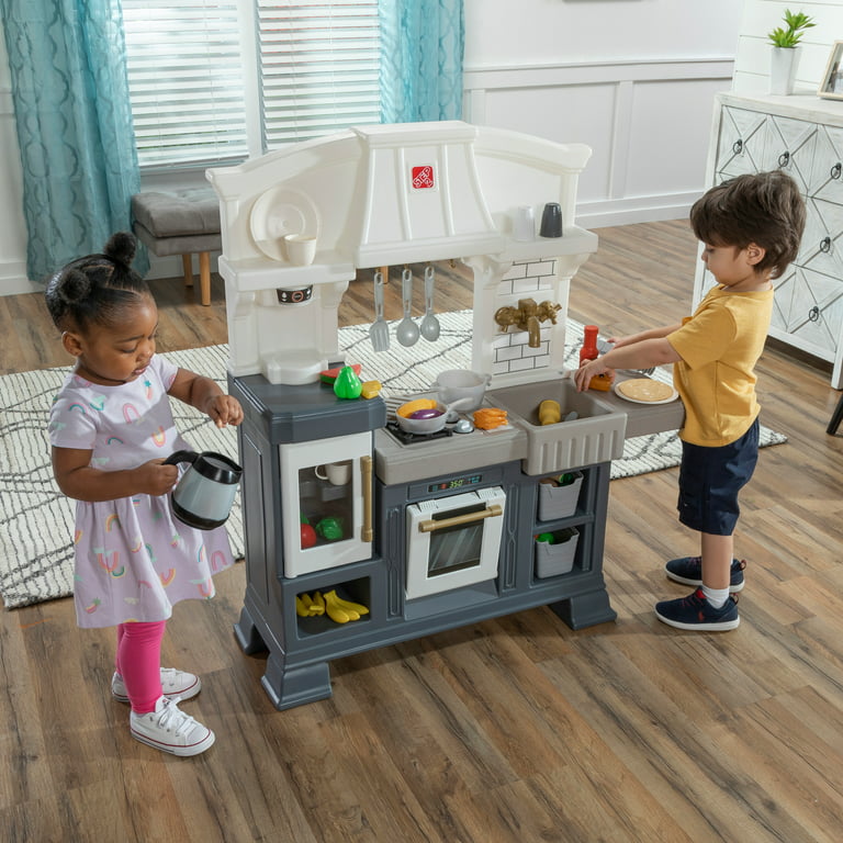 Step2 Gilded Gourmet Kitchen Playset For Kids Includes 20 Plus Toy Kitchen  Accessories Interactive Features For Realistic Pretend Play White Blue Gray  Modern Farmhouse Style Play Kitchen