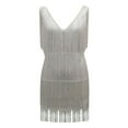 thumbnail image 4 of Sleeveless Deep V-Neck Solid Color Evening Gown With Fringe Detailing Elegant Dress Solid Color Fringe Hem Cocktail Dress Women's Glitter Sequin Dress Party Sparkly Mini Dress Clubwear, 4 of 7