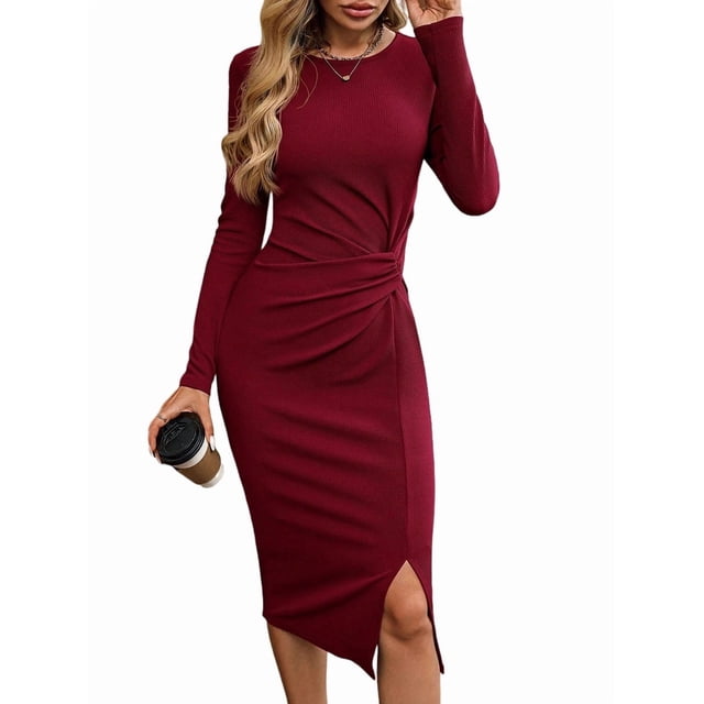 Robe Moulante à Manches Longues pour Femme, devant Torsadé, Fente, Sortie, Midi, Rouge Vin, P