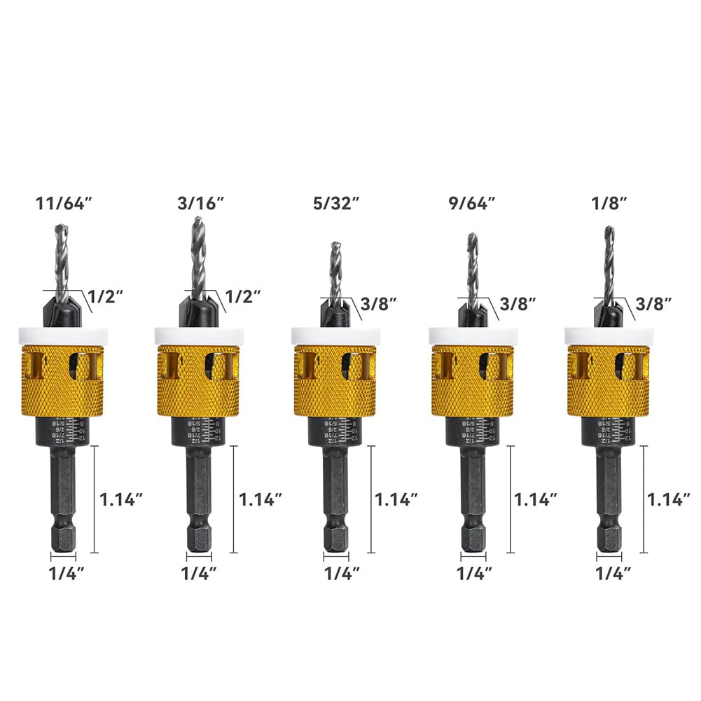 5 Pcs Countersink Drill Bit Set Replaceable With Adjustable Depth Stop Plastic Hand Tools Power Tools Accessories