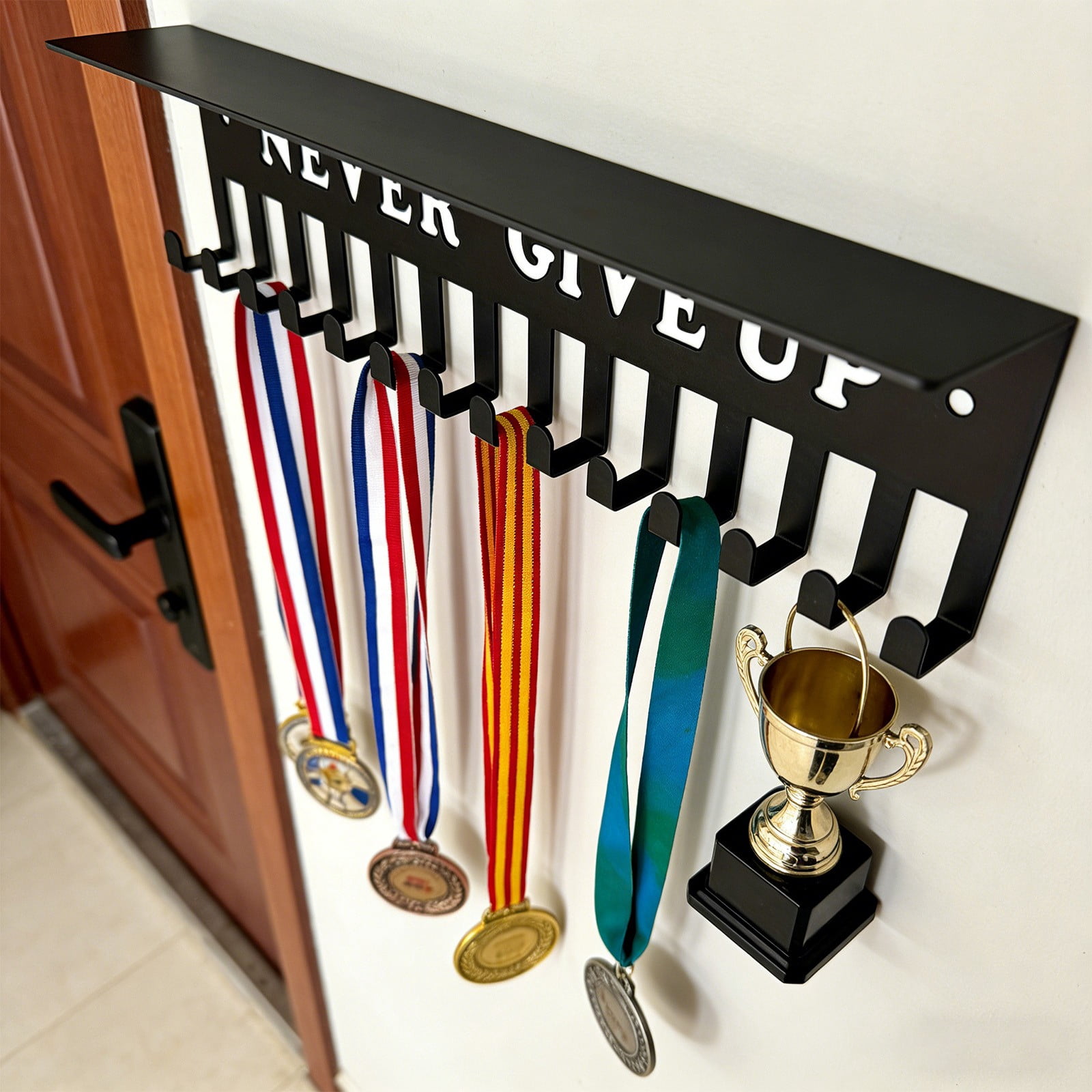Medal Hanger Display Rack with Trophy Shelf,Metal Awards Rack for Walls Holds 64+ Sports Medals，For Medals Metal Wall Mount Medals