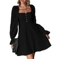 thumbnail image 1 of Vestido de manga larga para mujer, estilo francés, elegante, con cuello cuadrado, manga abombada, corte entallado, vestido de corte A para mujer, para fiesta y noche, negro S, 1 of 8