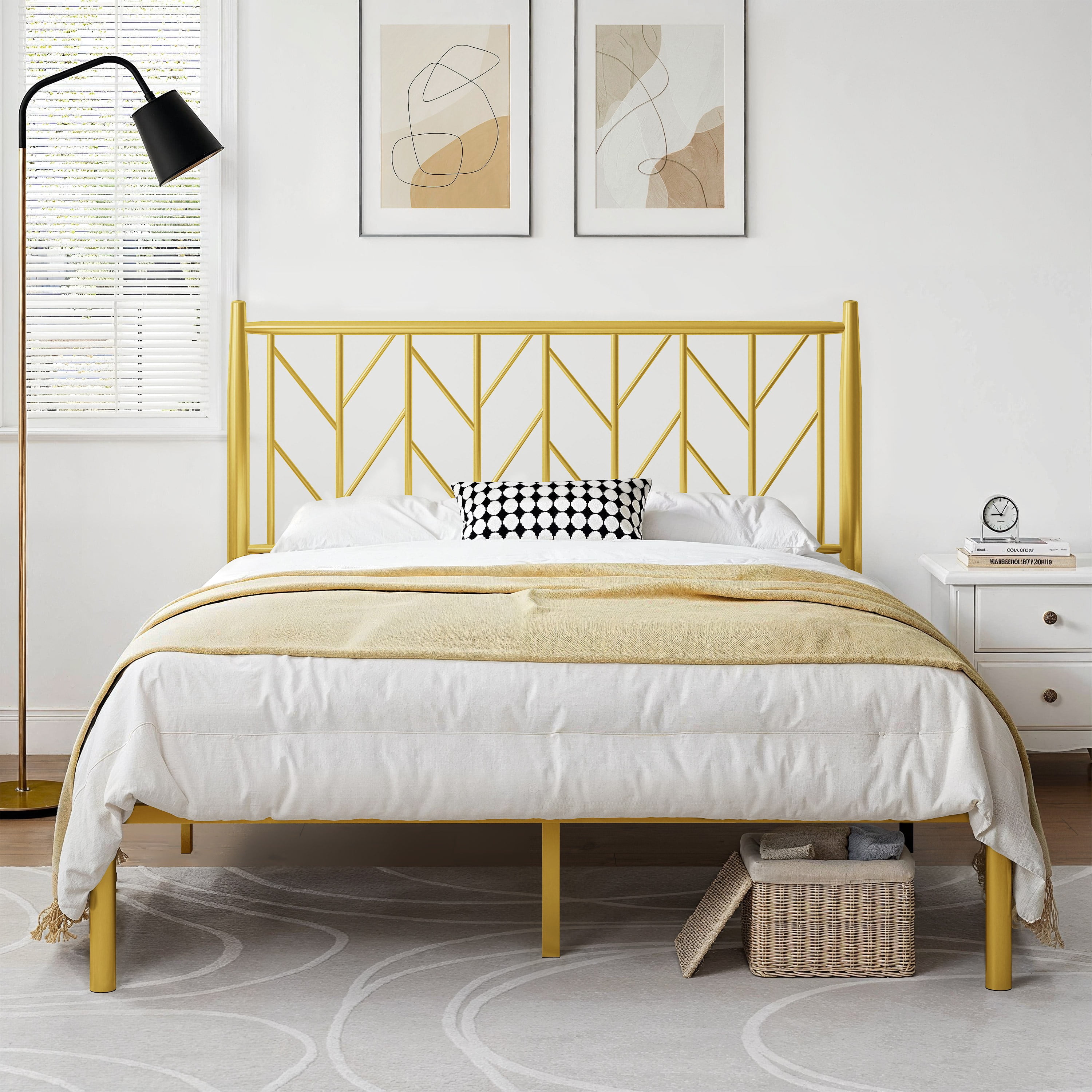 Allewie Gold Queen Size Modern Metal Platform Bed Frame with Vintage Headboard and 12" Under-bed Storage