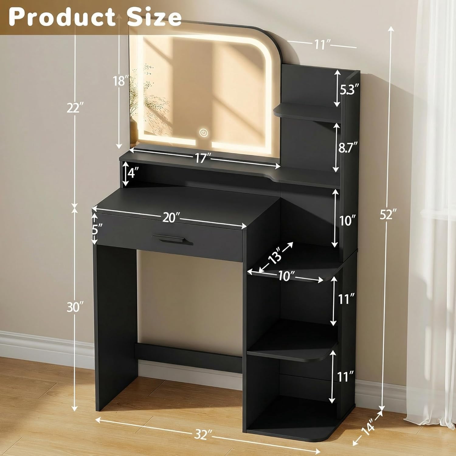 32" Makeup Vanity Desk with Mirror and Lights, 3 Lighting Colors, 5 Storage Shelves & Large Drawer, Pink Vanity Set for Bedroom, Girls and Women