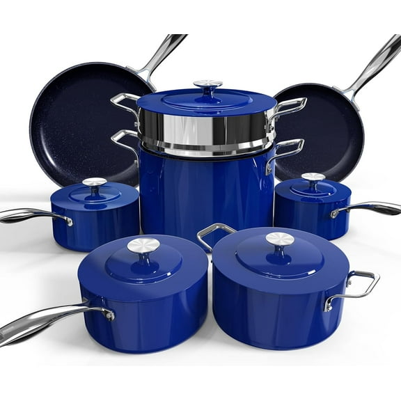 Nuwave 13pc Lux Pots and Pans Set, Healthy G10 Duralon Ceramic Coating Forged Lightweight Ultra Nonstick Cookware Set, Stay-Cool Handles, Works on All Cooktops & Oven, Blueberry