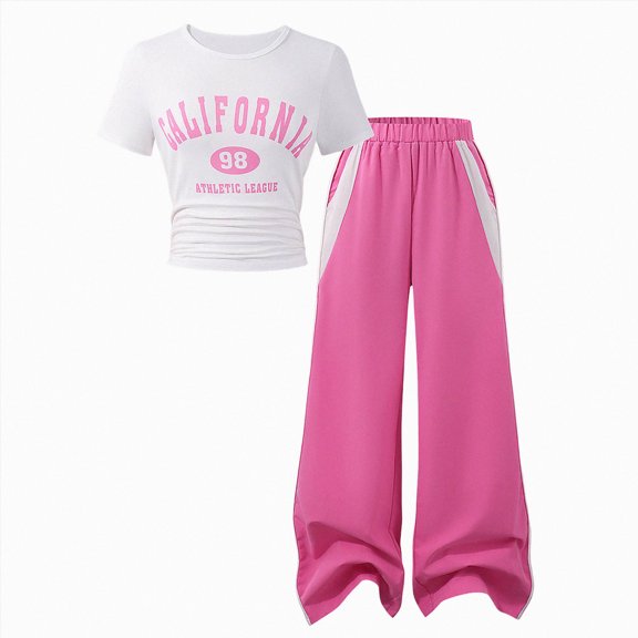 Nwiuh Girls Clothes Little Girl Outfits Letter Print Short Sleeve Tops & Cargo Pants 2PCS Girls Clothing (Pink, 9-10 Years)