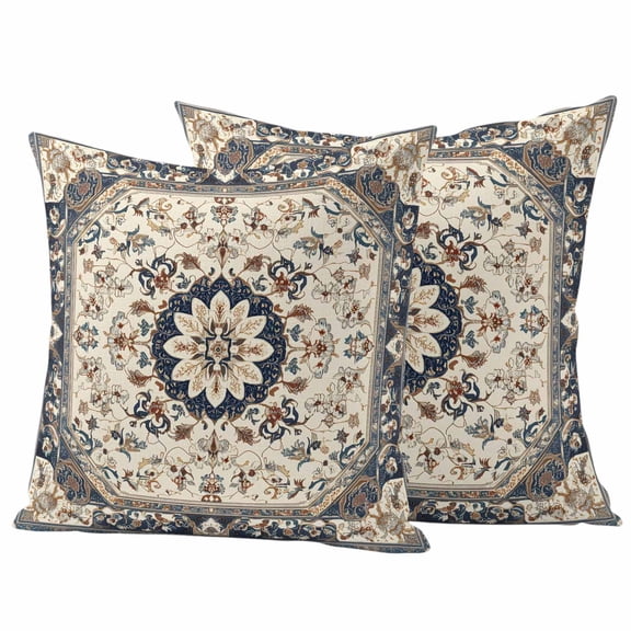 Vintage Flowers Pattern Pillow Covers 2 Pack Retro Blue Classical Bohemian Style Pillowcase Waterproof Outdoor Throw Pillow Cover for Patio Garden Square Cushion 16”x16”