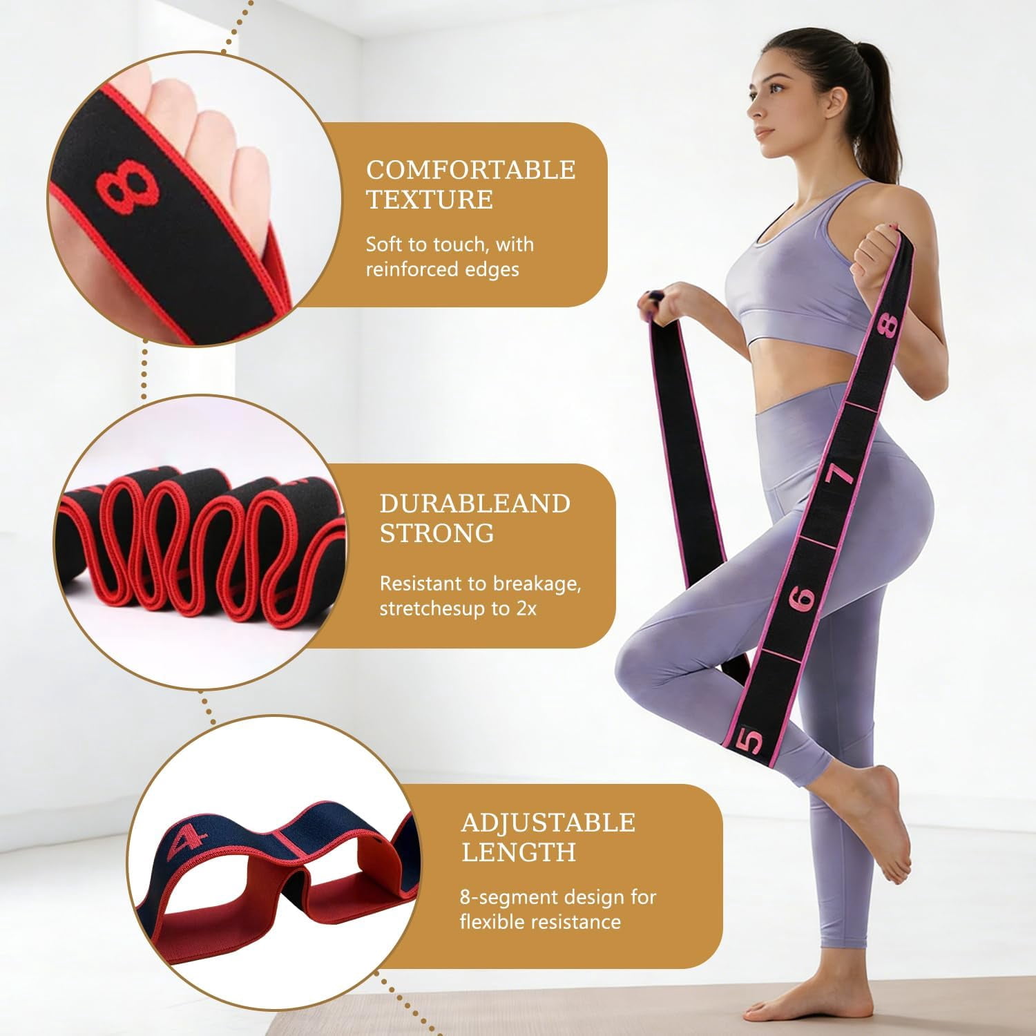 JJEAN-Fitness Resistance Band for Stretching and Yoga, Number Stretch Resistance Band with Clear Markings, 8-Section Elastic Training Bands