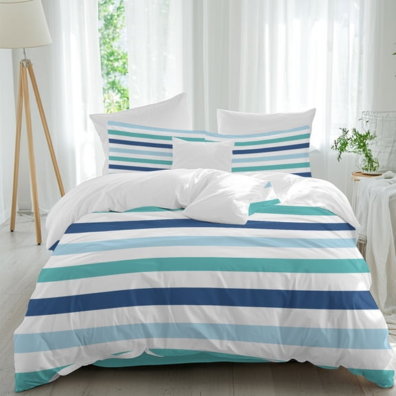 Blue Turquoise Navy Striped Duvet Cover Set Kal King Size, Modern Minimalist Abstract Lines 4 Piece Soft Microfiber Bedding Set with 1 Duvet Cover, 1 Flat Sheet, 2 Pillowcases