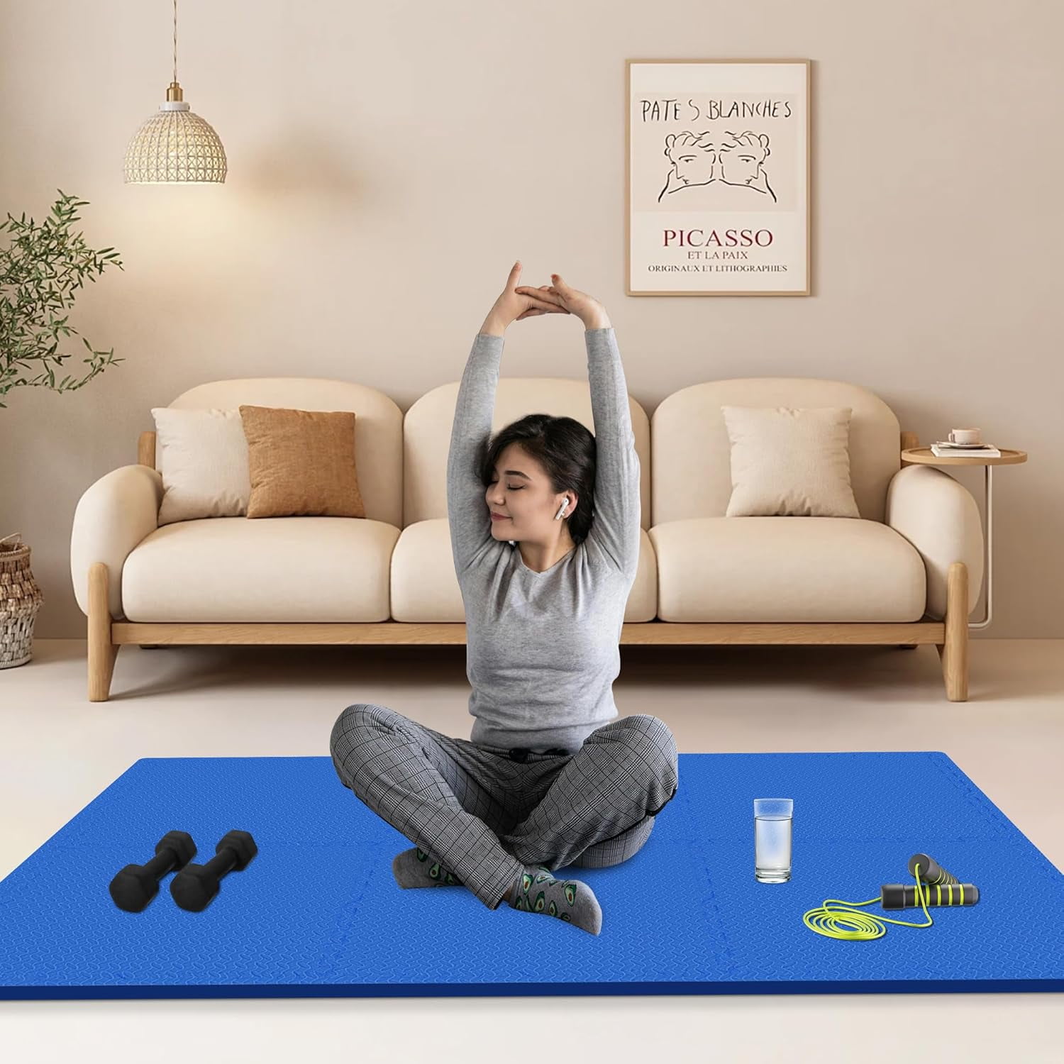 FIXTECH Puzzle Exercise Mat, EVA Interlocking Foam Floor Tiles For Home Gym, Mat For Home Workout Equipment, Floor Padding For Kids, Blue, 24 In X 24 In X ½ In, 96 Sq Ft - 24 Tiles