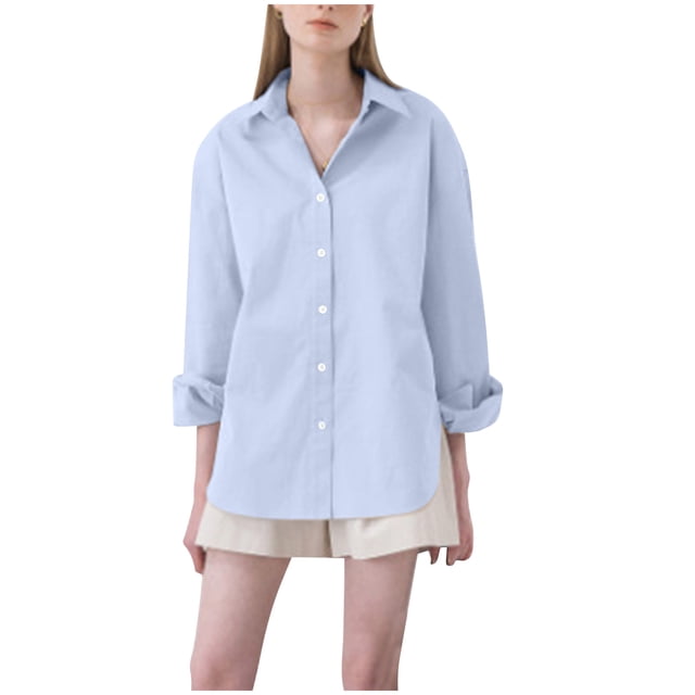 Bowake Button down Shirt for Women Lapel Long Sleeve Oversized Work Office Blouse Casual Solid Color Fall Tops
