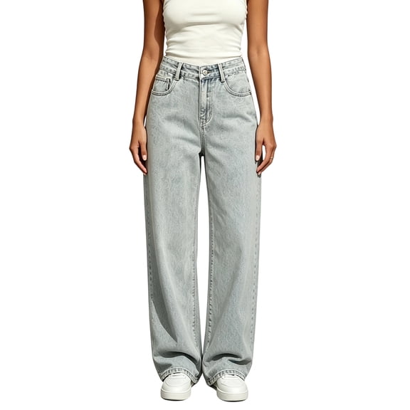 Womens Wide Leg Baggy Jeans Stretchy High Waist Denim Pants Straight Leg,with Pockets,Denim Fabric,Adjustable Cinched Waist,Full Length, Loose Fit,Casual