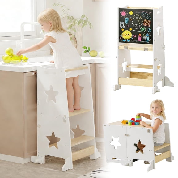 3-in-1 Toddler Kitchen Step Stool with Chalkboard, Foldable Convertible Learning Standing Tower Helper Table and Chair Set, White Natural