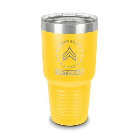 

E-4 Corporal Veteran US Army Rank Tumbler 30 oz - Laser Engraved w/ Clear Lid - Stainless Steel - Vacuum Insulated - Double Walled - Travel Mug - cpl or-4 e4 - Yellow