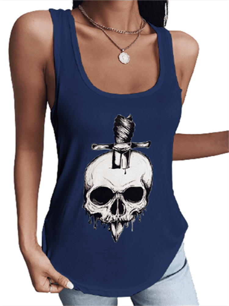 Staron Womens Skull Printed Casual Tank Top Halloween O-Neck Lace Sleeveless T-Shirt Loose Pullover Tops