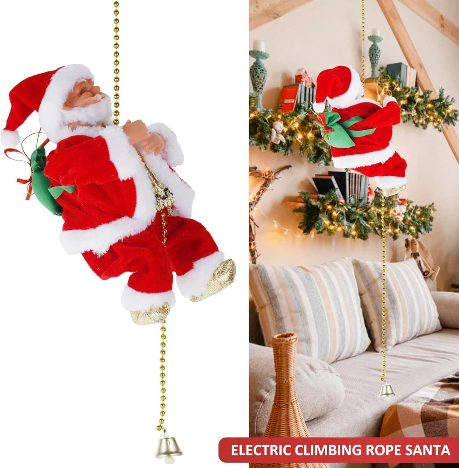 Christmas Electric Climbing Santa with Music & LED Light, Electric Climbing Ladder Santa Claus Doll for Xmas Tree Decorations Hanging Christmas Ornaments Tree Decor Holiday Party Gift