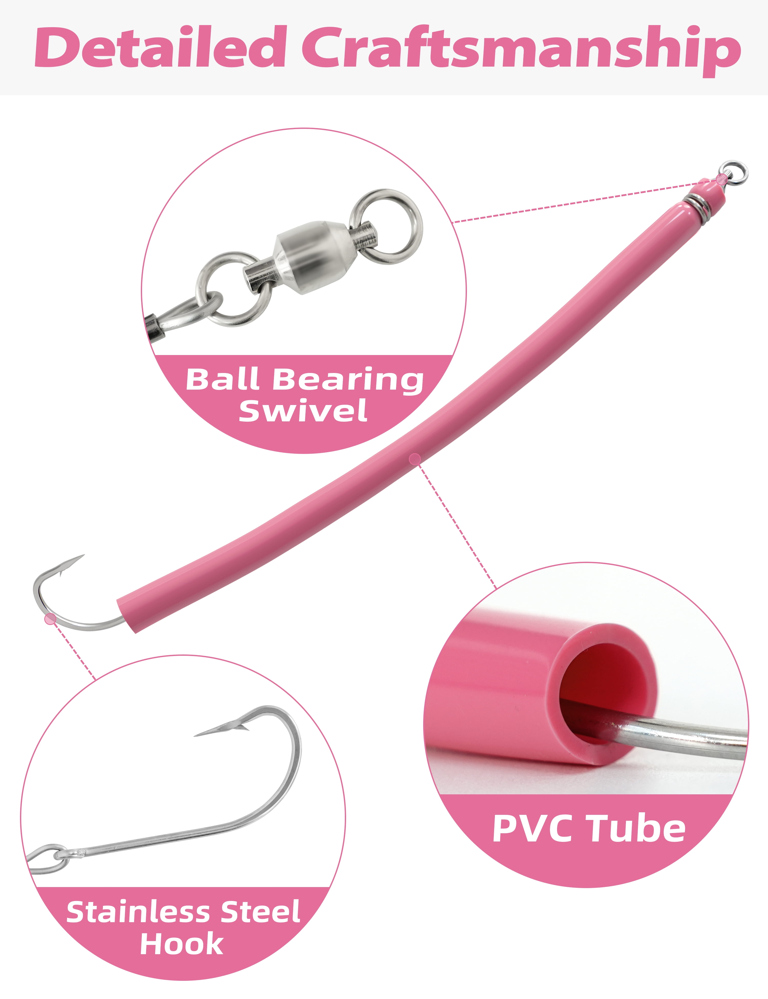 BLUEWING 21in Trolling Tube Fishing Lure with Soft Stainless Steel Wire and Single Hook Saltwater Striped Bass Trolling Tube Teaser Pink