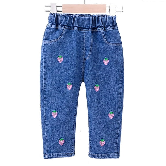 Little Girls Jeans Loose Strawberry Embroidered Elastic Waist Denim Pants Pull-On Toddler Fall Casual Trousers, Blue4-5 Years