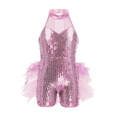 ZDHoor Girls Sequined Cross Back Ballet Jazz Modern Tap Dress Stage Performance Dance Costume Pink 6