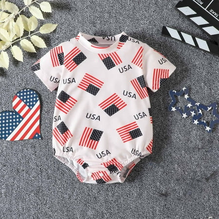

EQWLJWE Toddler Boy Girl 4th of July Outfits Short Sleeve Romper Oversized Onesie American Flag Independence Day Bodysuit