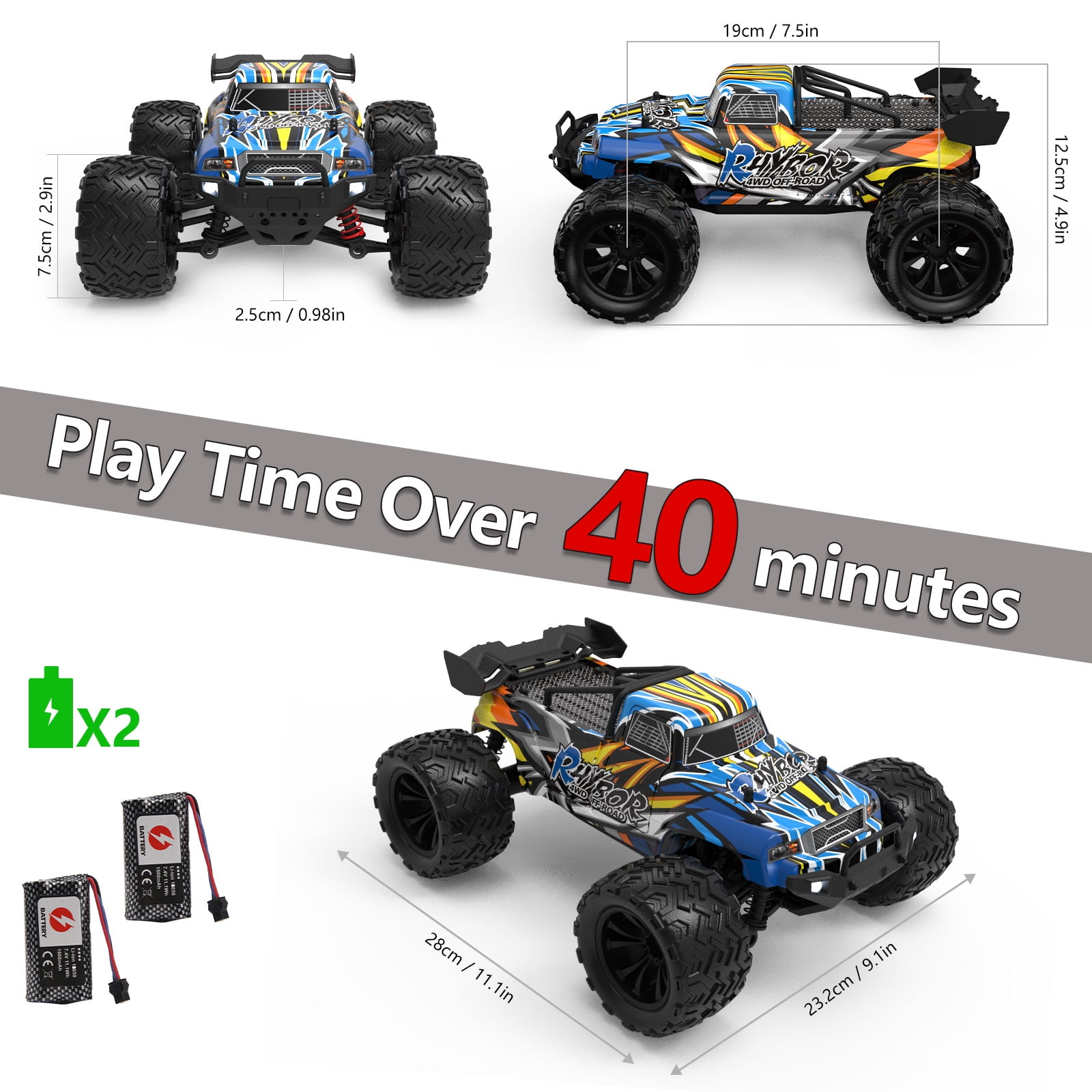 1:16 Remote Controlled RC Car Offroad 40 km/h Monster Truck Buggy 4WD Truck Car with 40+ Minutes Playtime Toy