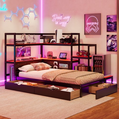 Cama de juego de tamaño doble con escritorio integrado y luz led, marco de cama de madera moderno con 3 cajones de almacenamiento y estación de carga incorporada