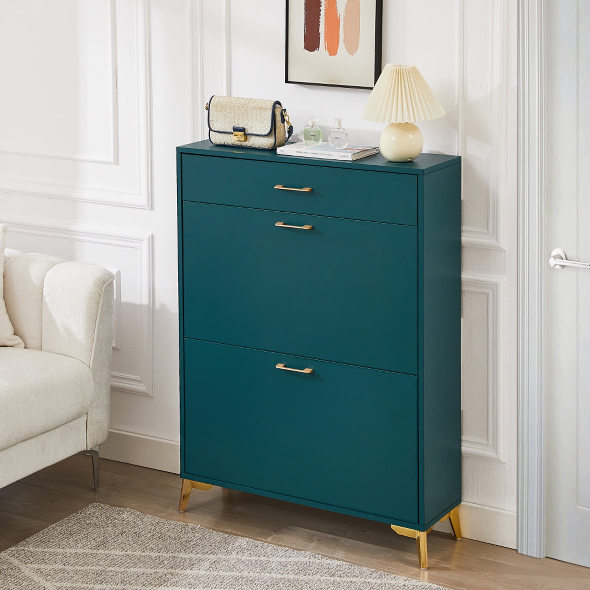 Kadyn 43.00"H Shoe Cabinet, Freestanding Shoe Rack Storage Organizer with Drawer, Entryway Shoe Storage Organizer, Green Kadyn 43.00"H Shoe Cabinet, Freestanding Shoe Rack Storage Organizer with Drawer, Entryway Shoe Storage Organizer, Green