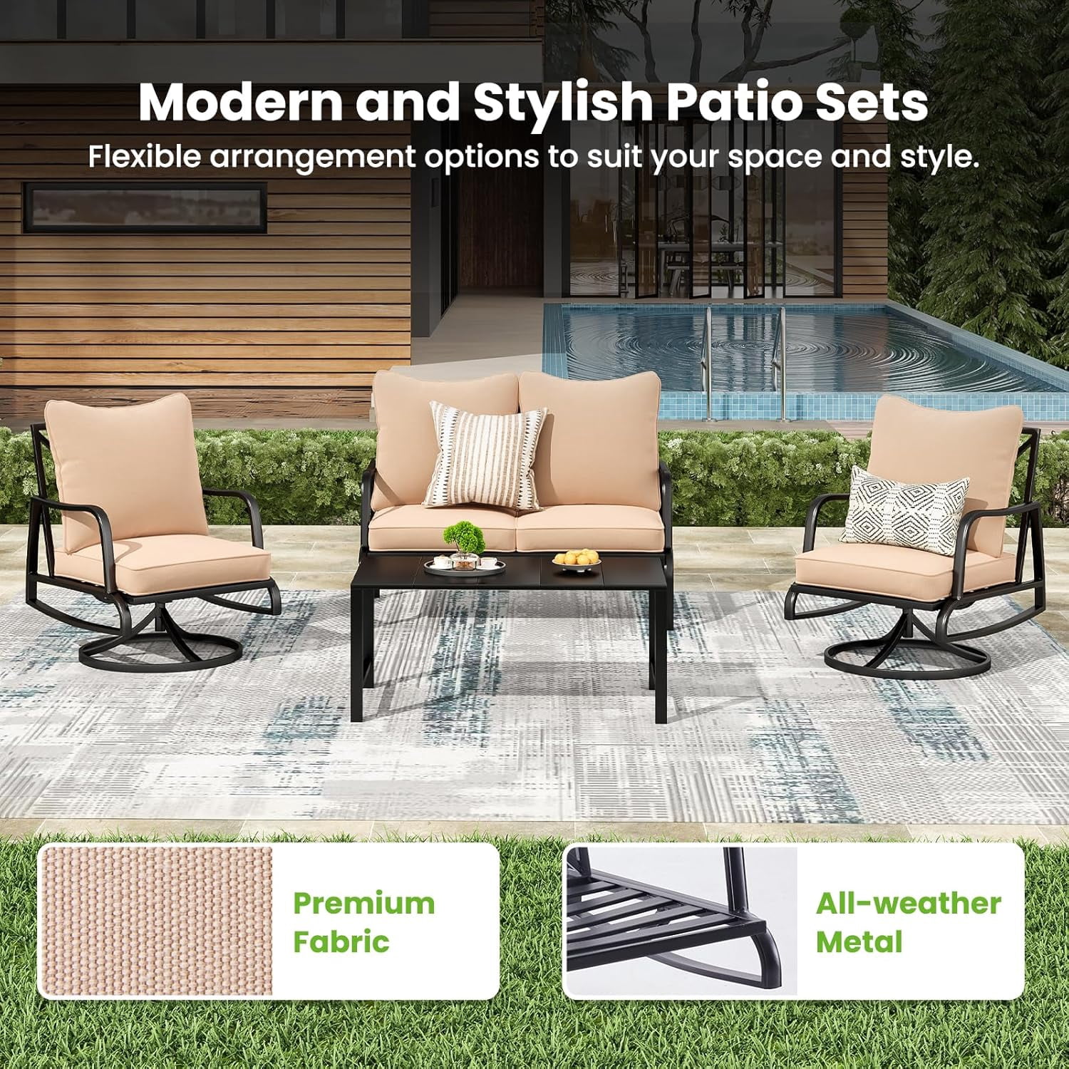 STARY Patio Furniture Set, 4 Piece Outdoor Patio Furniture Set, 2 x Outdoor Swivel Chair, 1 x 2-Seats Sofa and 1 x Coffee Table, Metal Conversation Set for Porch, Balcony, and Backyard