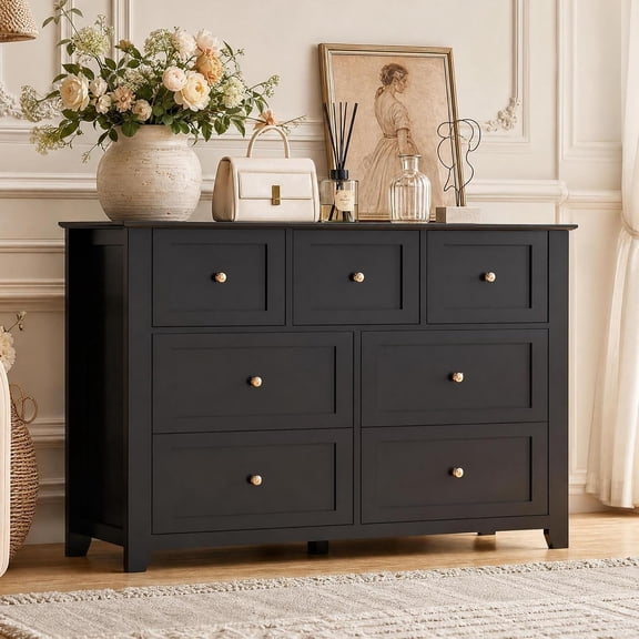 54 Inch 7 Drawer Dresser for Bedroom, Modern Wood Storage Chest with Deep Drawers for Living Room and Hallway,Black