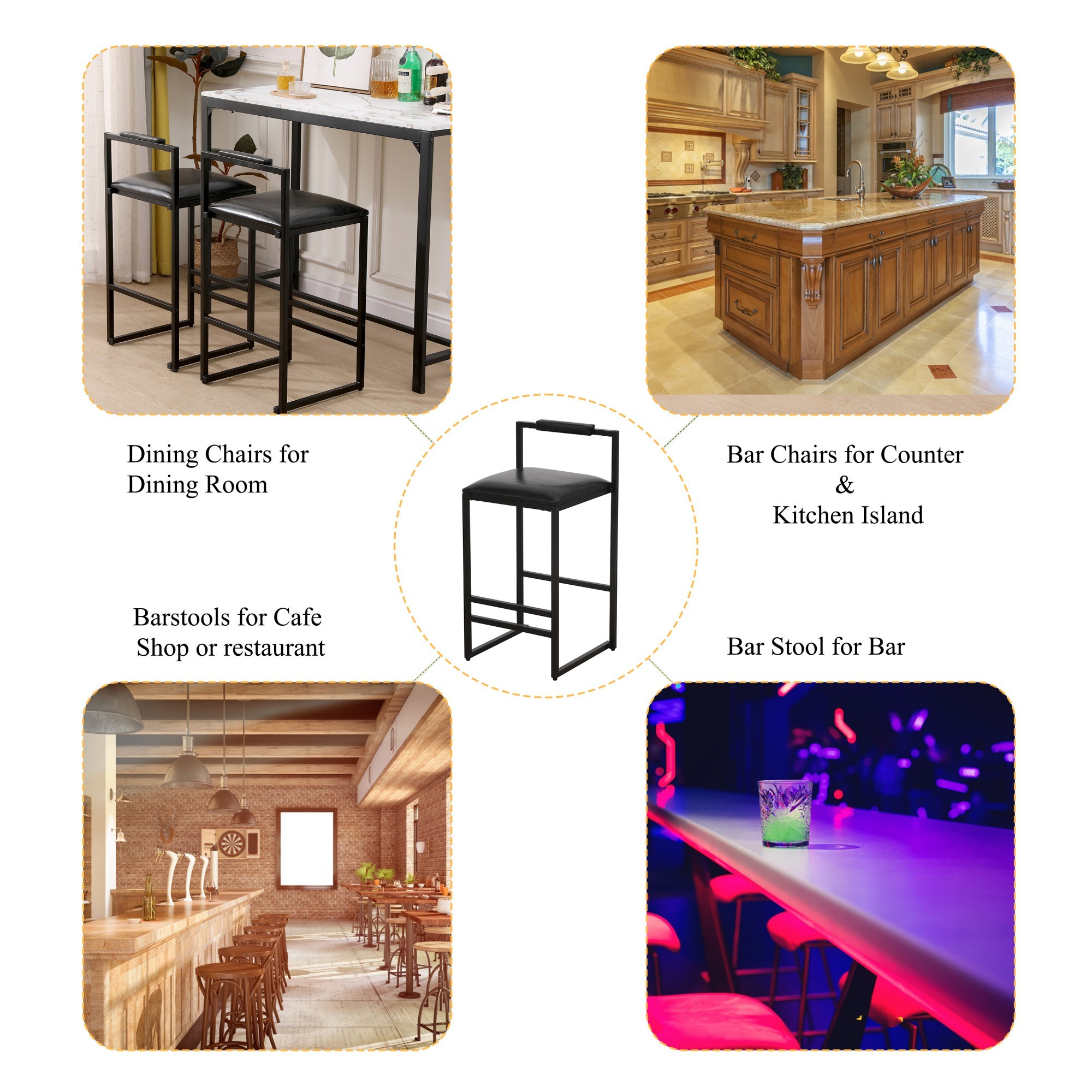 Bar Stools Set of 2,Counter Height Bar Stools with Back and Footrest,PU Upholstered,Rustic Black