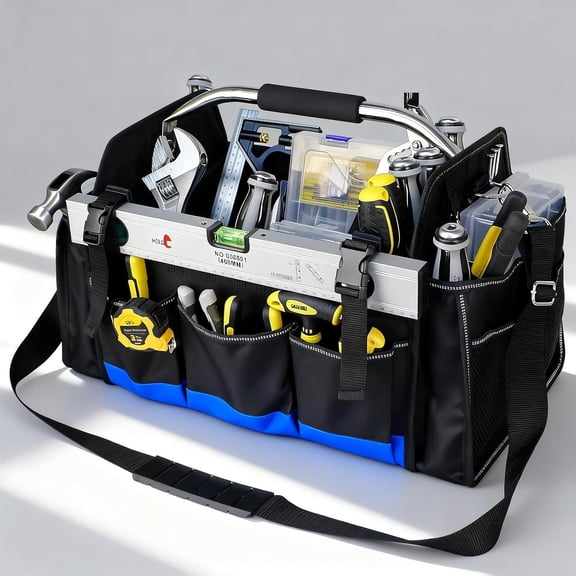 18 Inch Open Top Tool Bag, Tool Bags for Men with 30 Pockets, 1680D Waterproof Fabric, Foldable Electrician Tool Bag with Rotating Handle, Reflective Tool Organizer for Men, Blue