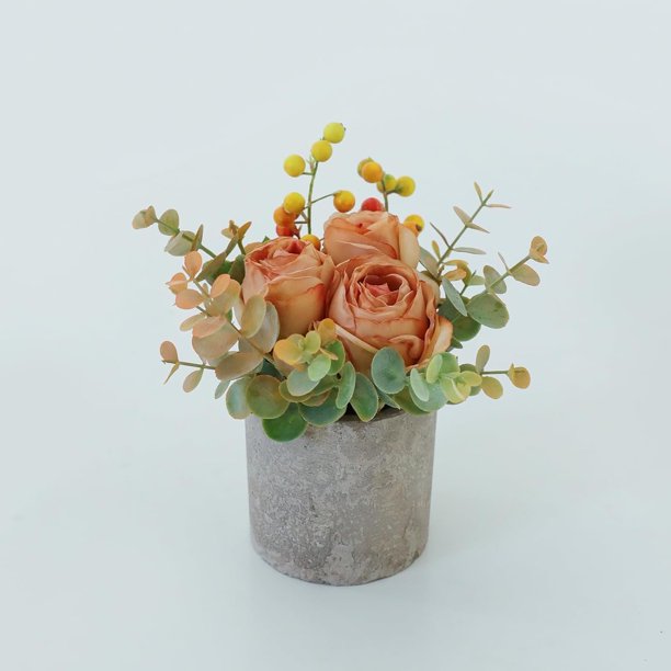 Kit de flores artificiales con maceta, combinación de rosas azules quemadas de seda falsa y vegetación, decoración en maceta de plantas pequeñas para oficinas, estanterías, dormitorios, salas de