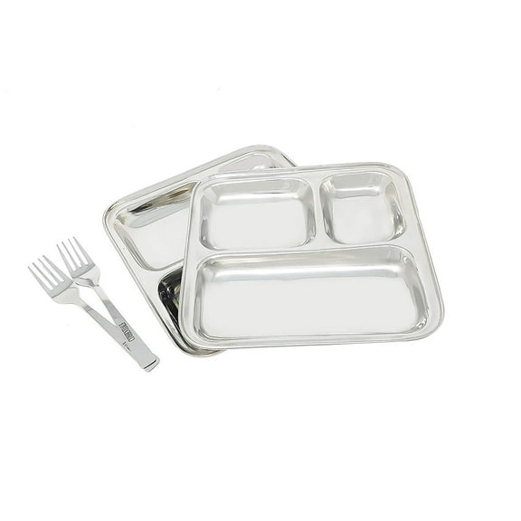 Stainless Steel 3 Section Trays Set of 2 Plates with 2 Forks - 10 inches