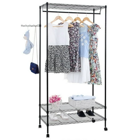 

Clothes Rack Heavy Duty Hanging Garment Rack with Wheels and Side Hooks 3 Shelves Wire Shelving Rack With Hanger Rods Portable Freestanding Closet Wardrobe Rack for Home Bedroom I8894