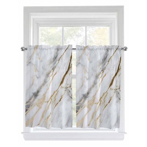Tier Curtains 45 Inches Long, Marble White Gold Window Treatment Curtain Drapes, Modern Abstract Geometric Window Half Privacy Curtains for Bedroom Bathroom, 42"x45", 2 Panels