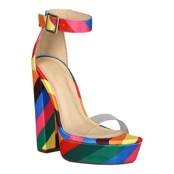 Women Fabric Clear Open Toe Striped Platform Chunky Heel Sandal 18494