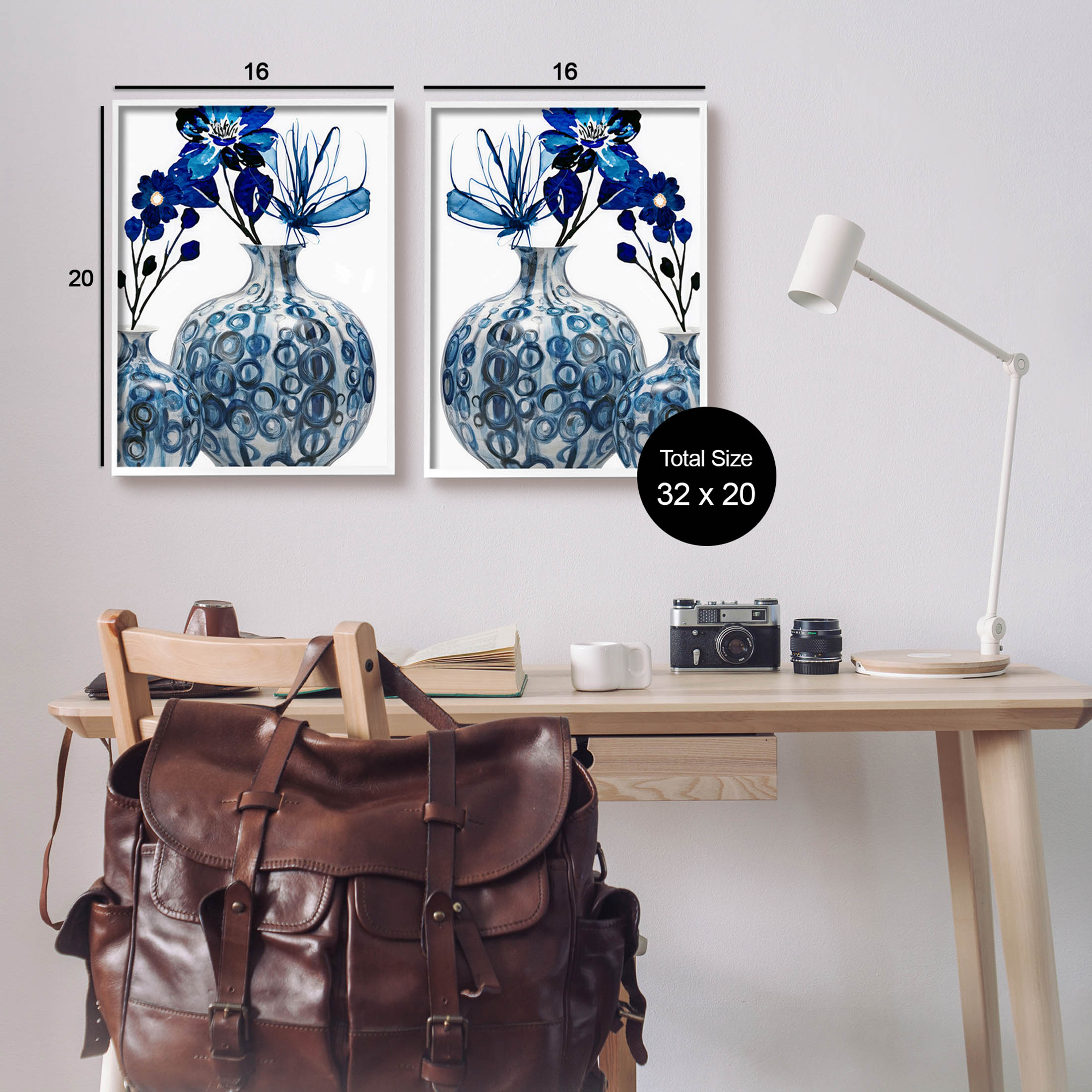 Bold Blue Ikebana Patterned Vase Botanical & Floral Graphic Art White Framed Art Print Wall Art, Set of 2