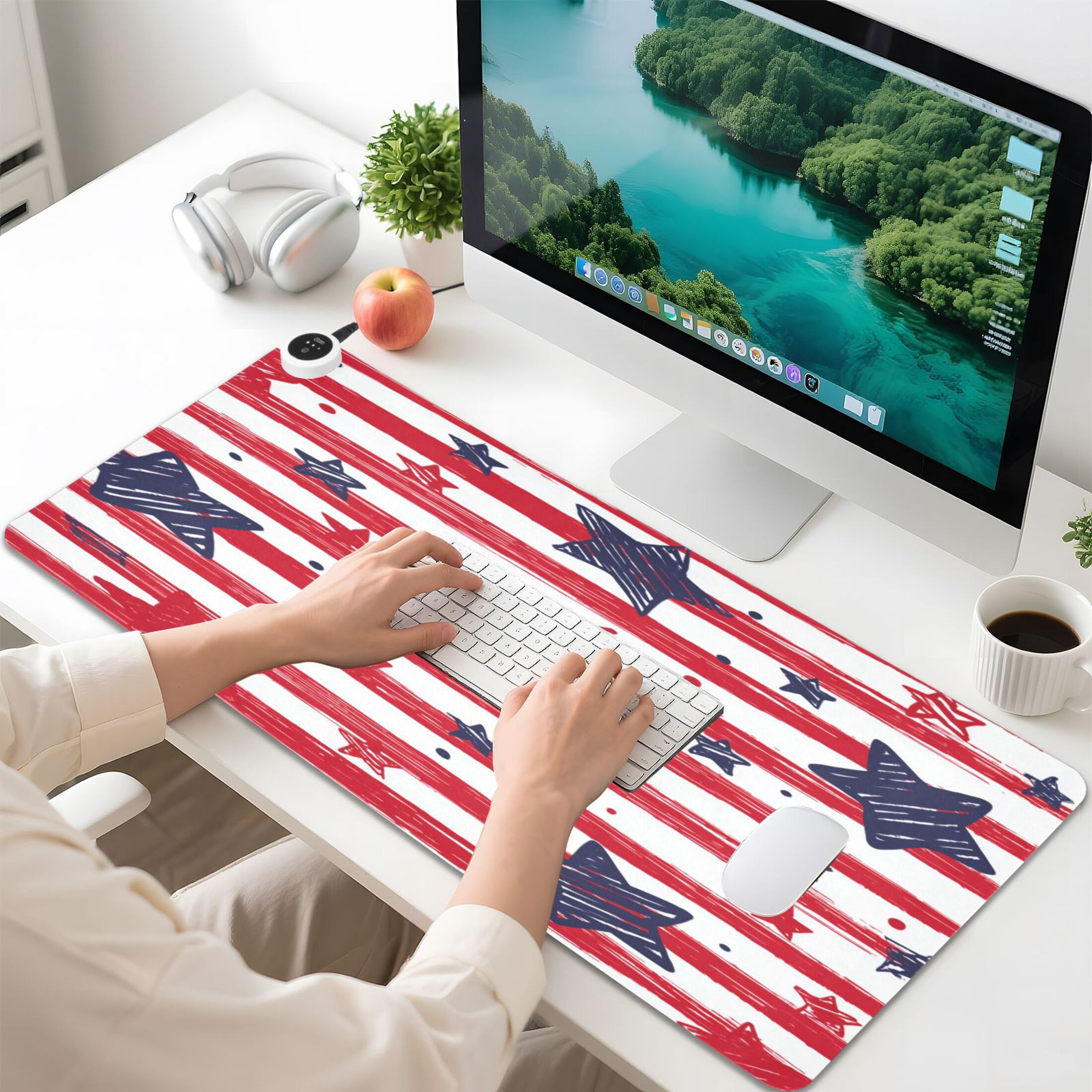 Large Heated Desk Mat Mouse Pad 31.5"x13"PU Leather Graphene Heating Desk Warmer with 3 Temperature Settings 110V US Plug Non-Slip Warm Pad for Home, Office, and Gaming Doodle Star Stripe Seamless