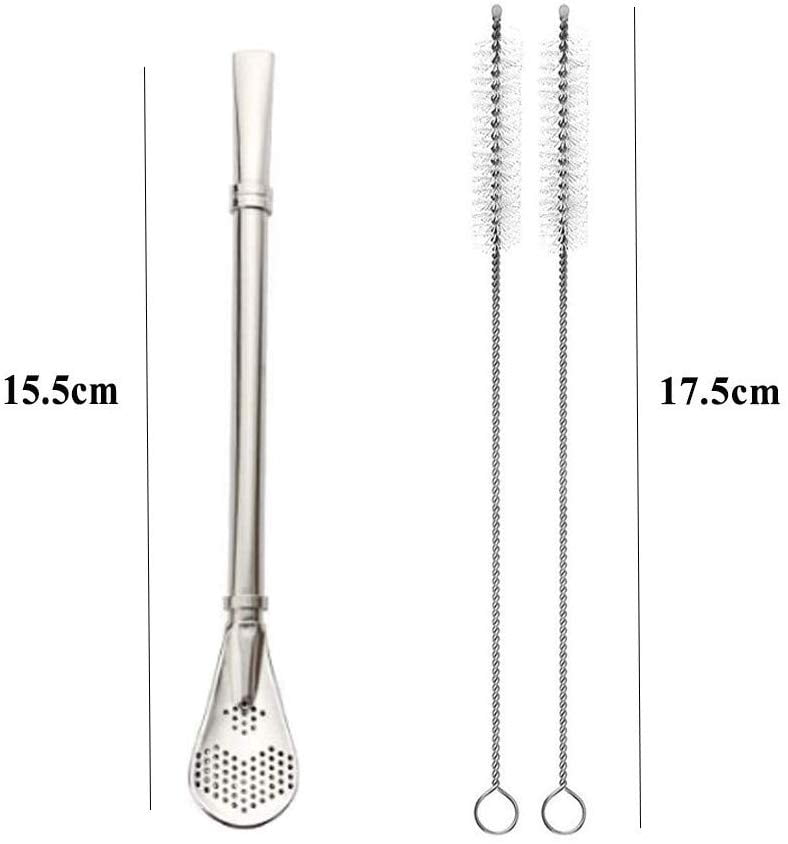 FRUTA 6 PCS Stainless Steel Yerba Mate Tea Bombilla Straws with Filter Spoon and 2 PCS Cleaning Brushes Removable Filtered Spoons Drinking Straw 18.5CM//7.28inch
