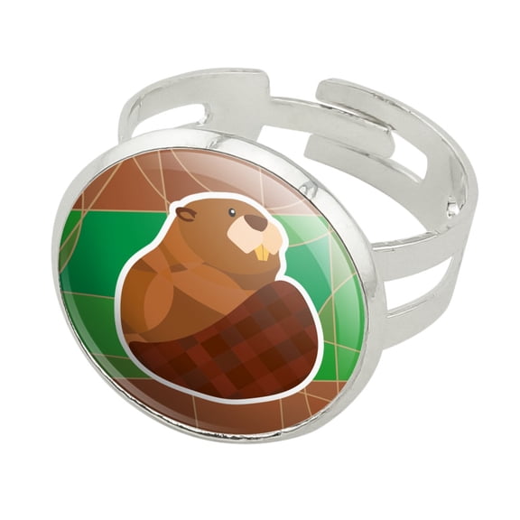 Beaver with Plaid Tail Silver Plated Adjustable Novelty Ring