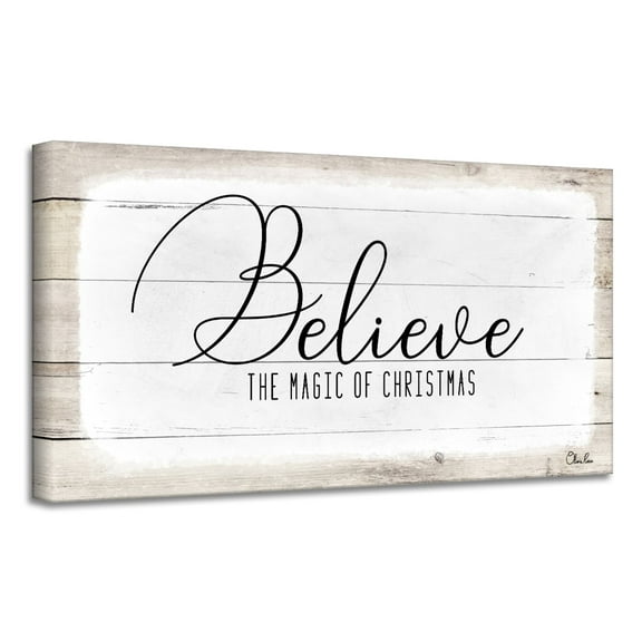 Crafted Creations Beige and White 'Believe II' Christmas Canvas Wall Art Decor 18" x 36"