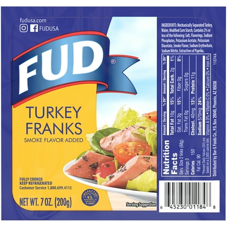 Fud Turkey Franks 7 oz, Fully Cooked, Refrigerated