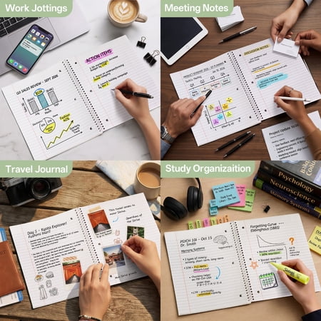 ONAVIA 3 Subject Spiral Notebook, 5 Pack, College Ruled Notebook with 3 Divider Pockets, 8" x 10.5", 3 Hole Punched for Work, 120 Sheets, Assorted Colors
