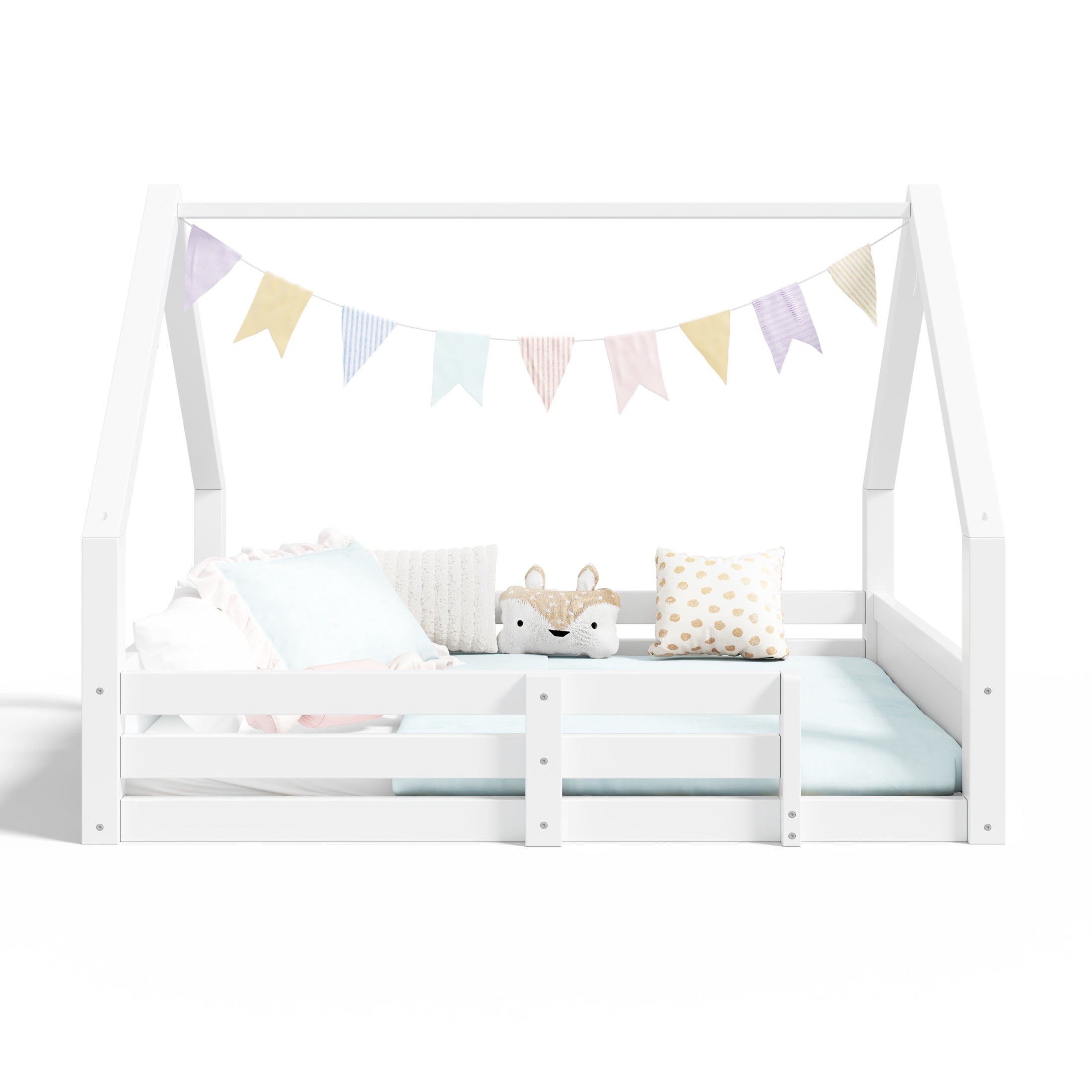 Noble House Salma Full Size House Floor Wooden Bed with Roof Frame & Grooved Panels, Safety Guardrails, White