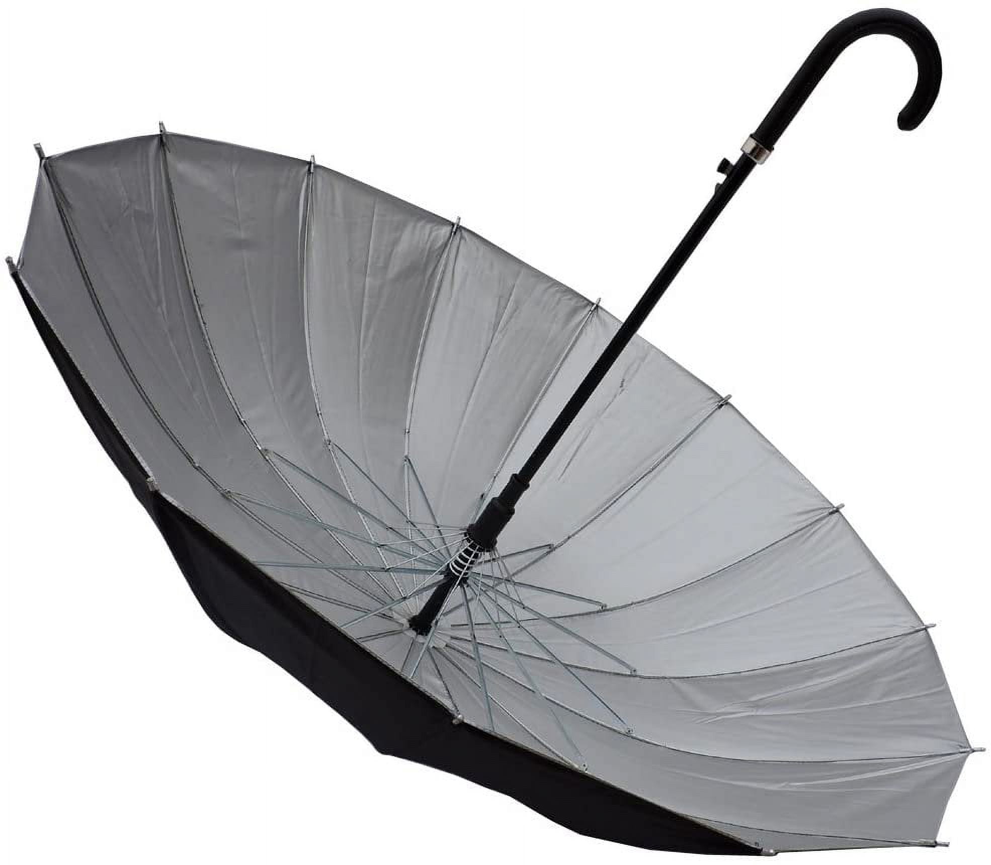 Rain Sun UV Protection Umbrella Large Full Size 42 Inches Canopy Coverage Windproof Auto Open J- Shape Stick Black w Sliver