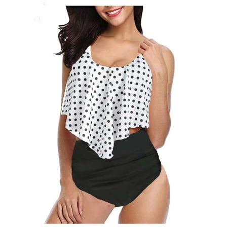 HIMIWAY Bikini Ruffle Print Covers The Belly and Shows Thin Split Swimsuit Women White XL