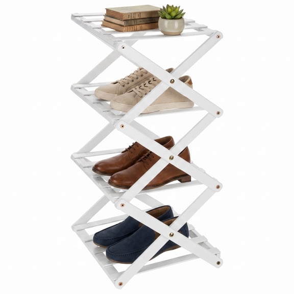 Small Shoe Rack, 4 Tier White Wooden Foldable Shoe Storage Rack, 10.2 x 10.2 x 21.3 in, No Installation Space-Saving Holder for Entryway, Dormitory, Closet and Corner Narrow Spaces