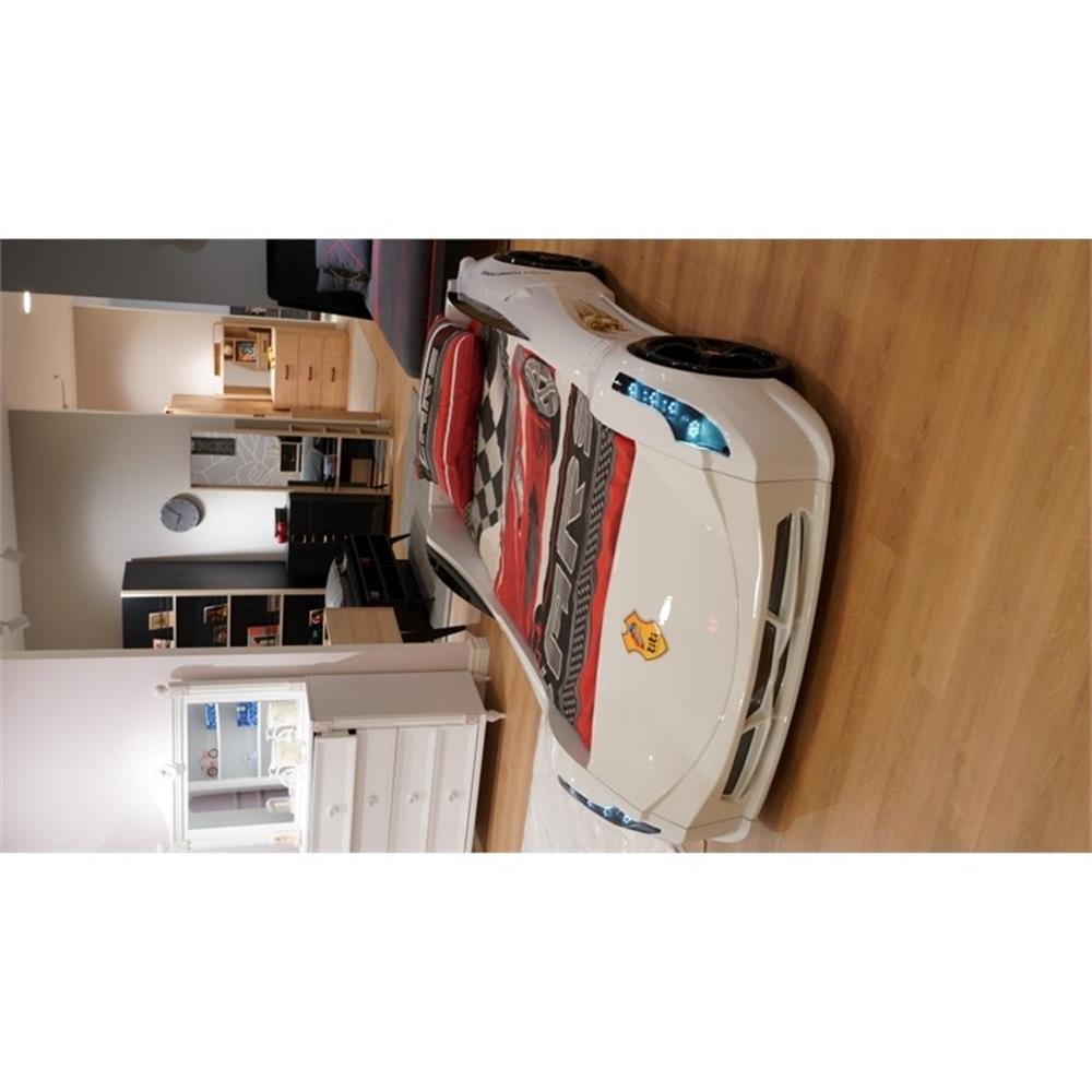 Pemberly Row Modern Wood Twin Race Car Bed with Remote Control in White
