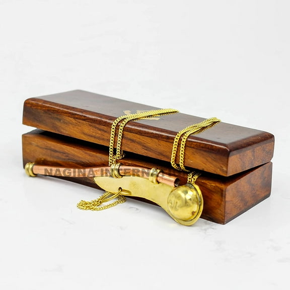 Nagina International Boatswain's Brass Crafted Bosun's Pipe Whistle with Chain & Handcrafted Rosewood Anchor Inlayed Case | Pirate's Decor Collection | Maritime Decor (Brass Polished W/Box)