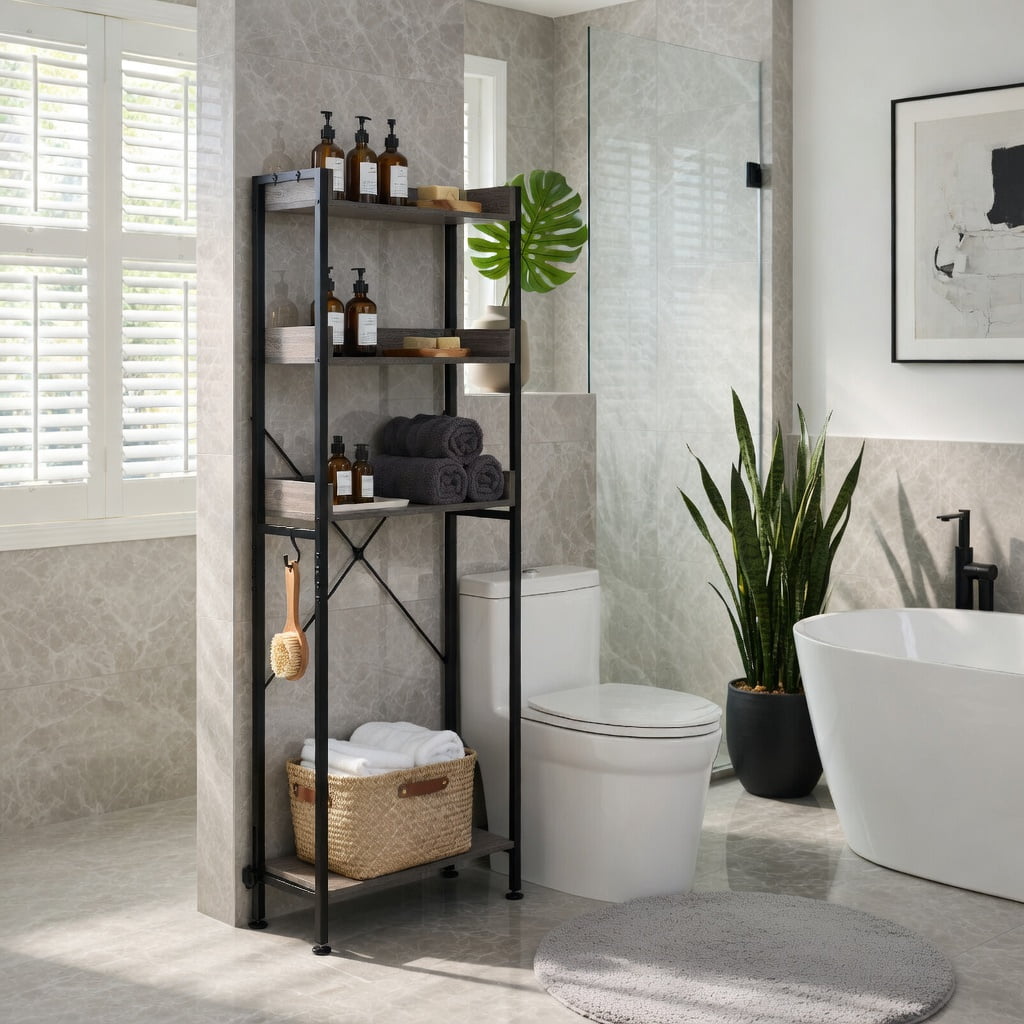 Hommoo Over-the-Toilet Storage Rack with Adjustable Bottom Bar, 3-Tier Metal & Engineered Wood Shelf Unit with Hooks, Rustic Grey